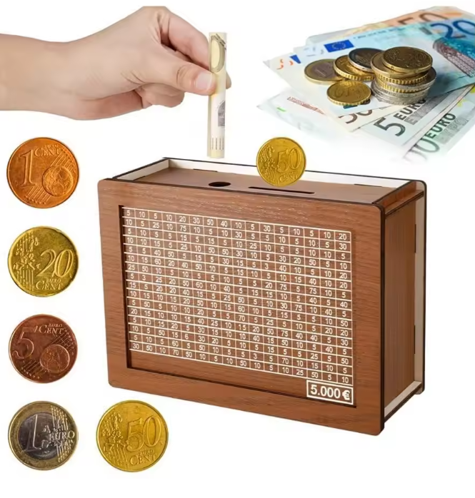Wooden Money Bank with Goal Slot, Reusable Savings Box, Number Lock, Available in 1000/2000/3000/5000/10000 € Versions