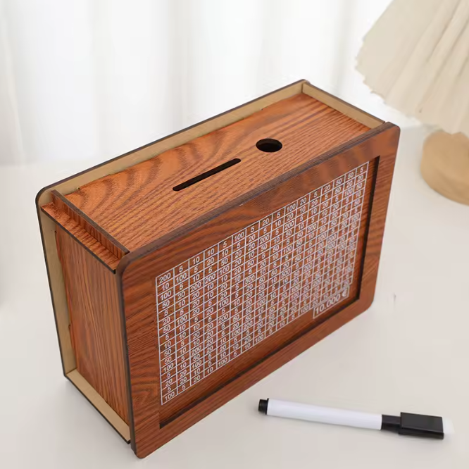 Wooden Money Bank with Goal Slot, Reusable Savings Box, Number Lock, Available in 1000/2000/3000/5000/10000 € Versions