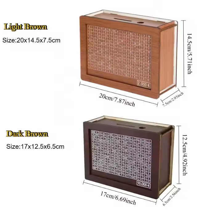 Wooden Money Bank with Goal Slot, Reusable Savings Box, Number Lock, Available in 1000/2000/3000/5000/10000 € Versions