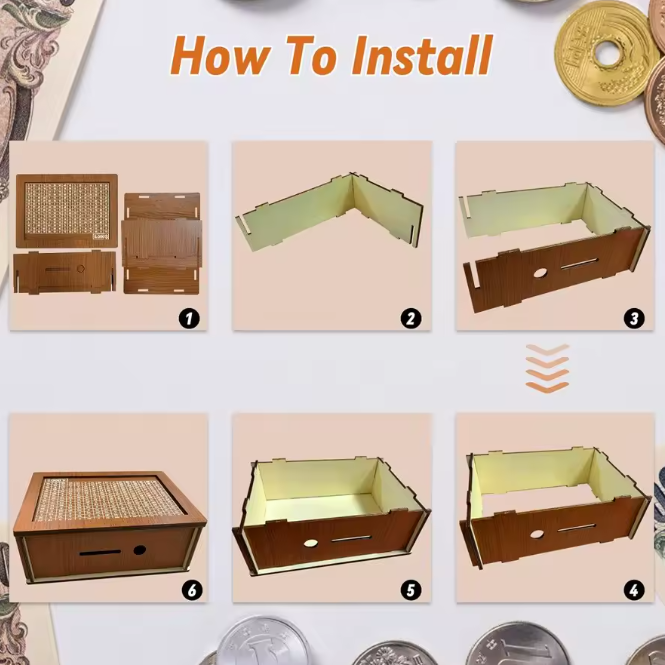 Wooden Money Bank with Goal Slot, Reusable Savings Box, Number Lock, Available in 1000/2000/3000/5000/10000 € Versions