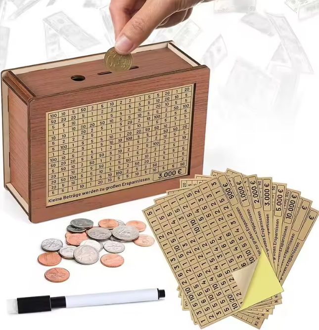 Wooden Money Bank with Goal Slot, Reusable Savings Box, Number Lock, Available in 1000/2000/3000/5000/10000 € Versions