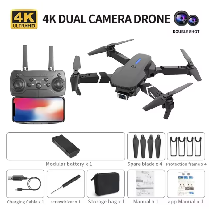 E88 Professional 4K Drone with Wide-Angle HD 1080P Camera, WiFi FPV, Altitude Hold, Foldable RC Quadcopter Toy for Kids