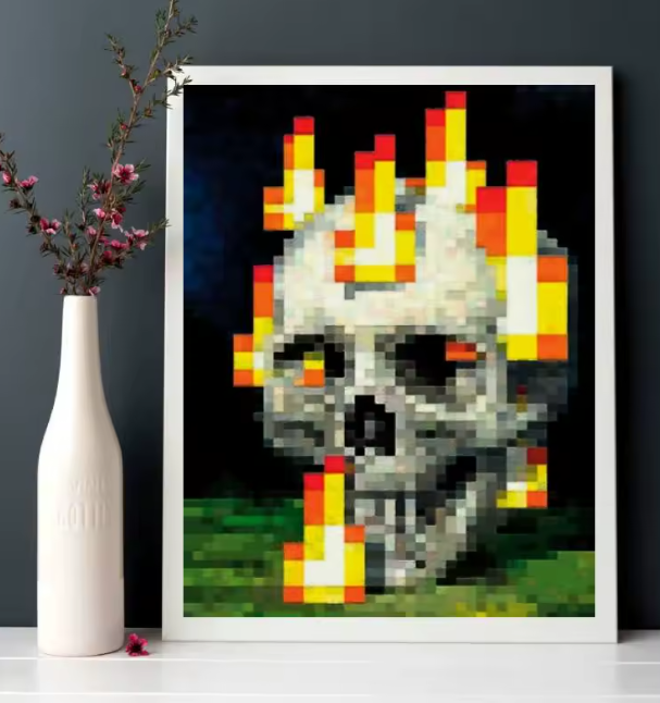 Vibrant Pixel Skull and Flames Canvas Poster, Unframed Wall Art Print for Bedroom, Office, or Living Room Decoration (1 Pc)
