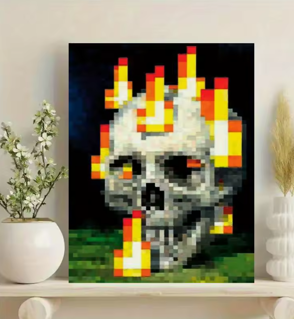 Vibrant Pixel Skull and Flames Canvas Poster, Unframed Wall Art Print for Bedroom, Office, or Living Room Decoration (1 Pc)