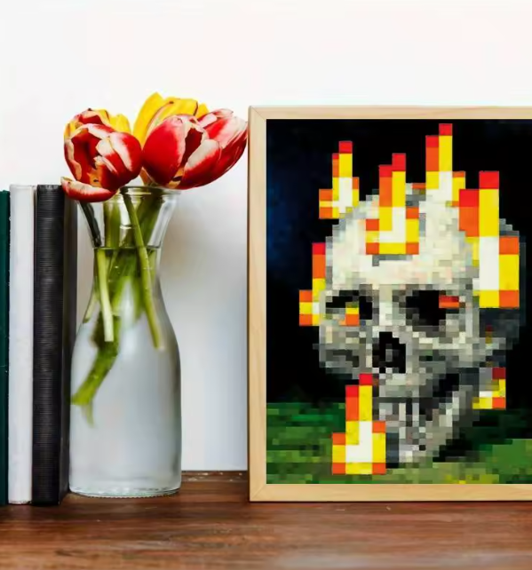 Vibrant Pixel Skull and Flames Canvas Poster, Unframed Wall Art Print for Bedroom, Office, or Living Room Decoration (1 Pc)