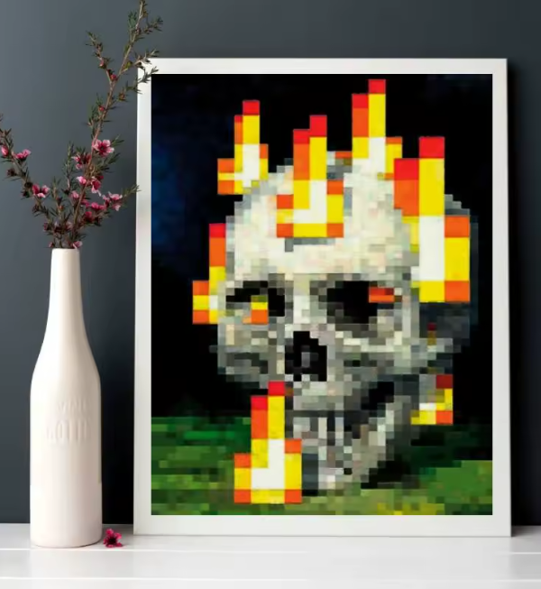 Vibrant Pixel Skull and Flames Canvas Poster, Unframed Wall Art Print for Bedroom, Office, or Living Room Decoration (1 Pc)