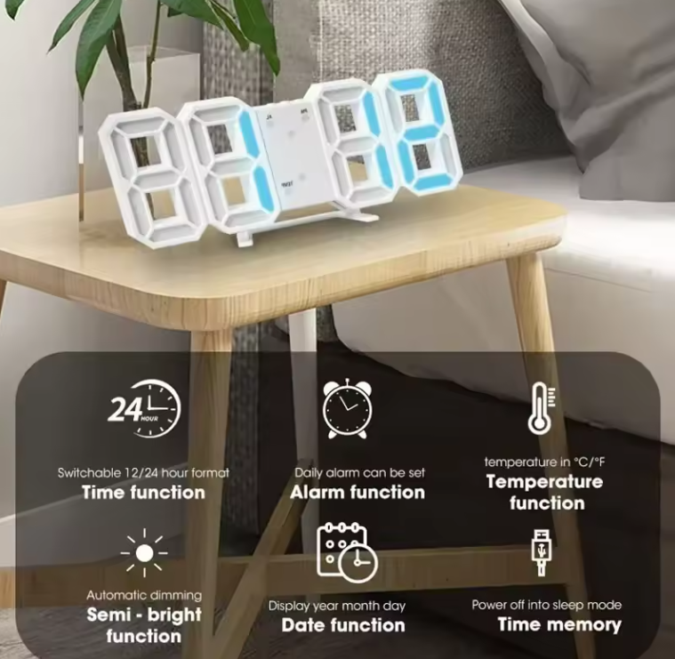 3D LED Digital Alarm Clock, Wall Clock with Time/Date/Temperature Display for Home, Kitchen, Office, or Garden Decoration