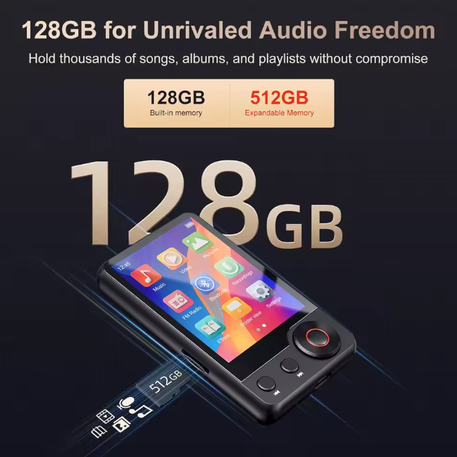128GB MP3 Player with Bluetooth 5.3, Portable Music Player with 2.4" Full Touch Screen, Built-in Speaker and Micro SD Card Slot